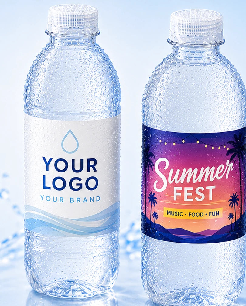 Two custom labeled bottled water examples for Michigan businesses