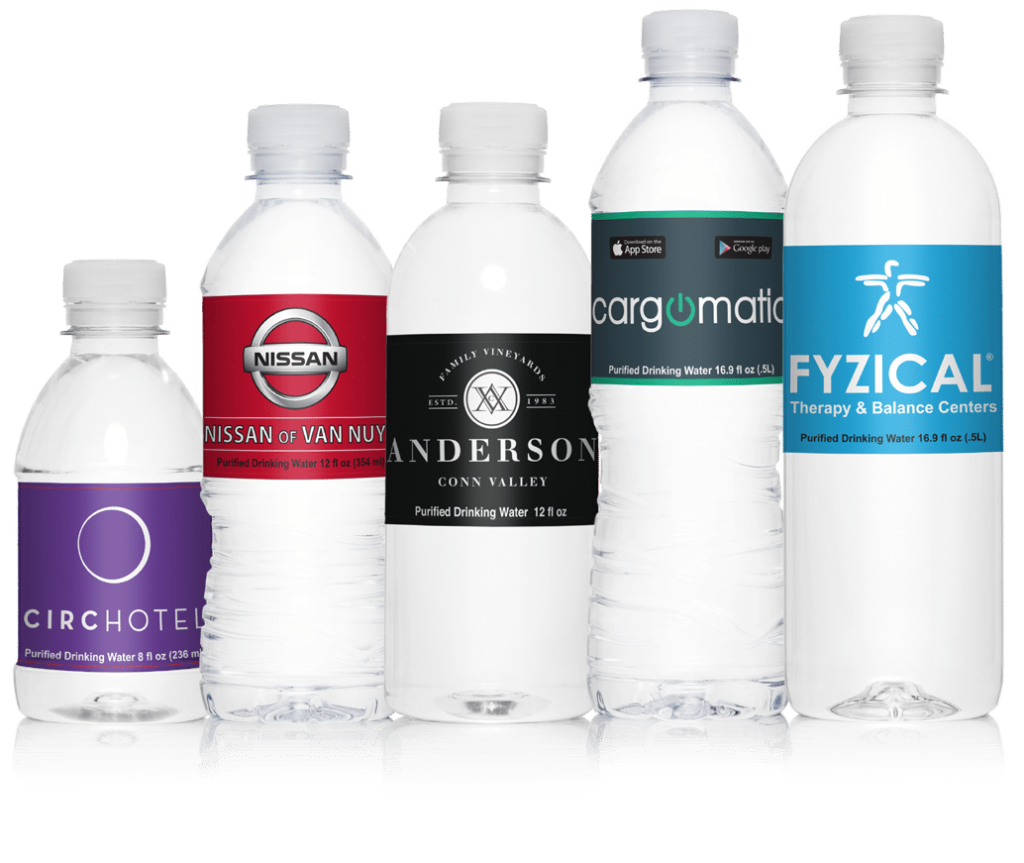 Custom bottled water bottles with personalized labels for California businesses