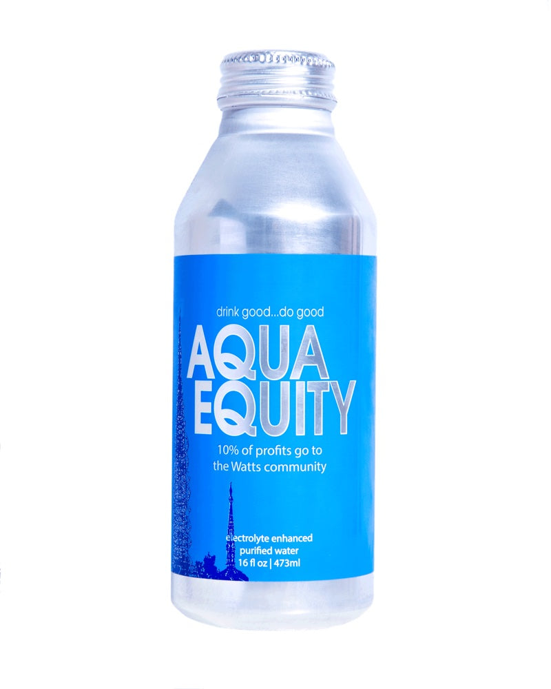 16 oz custom aluminum bottled water with an Aqua Equity label