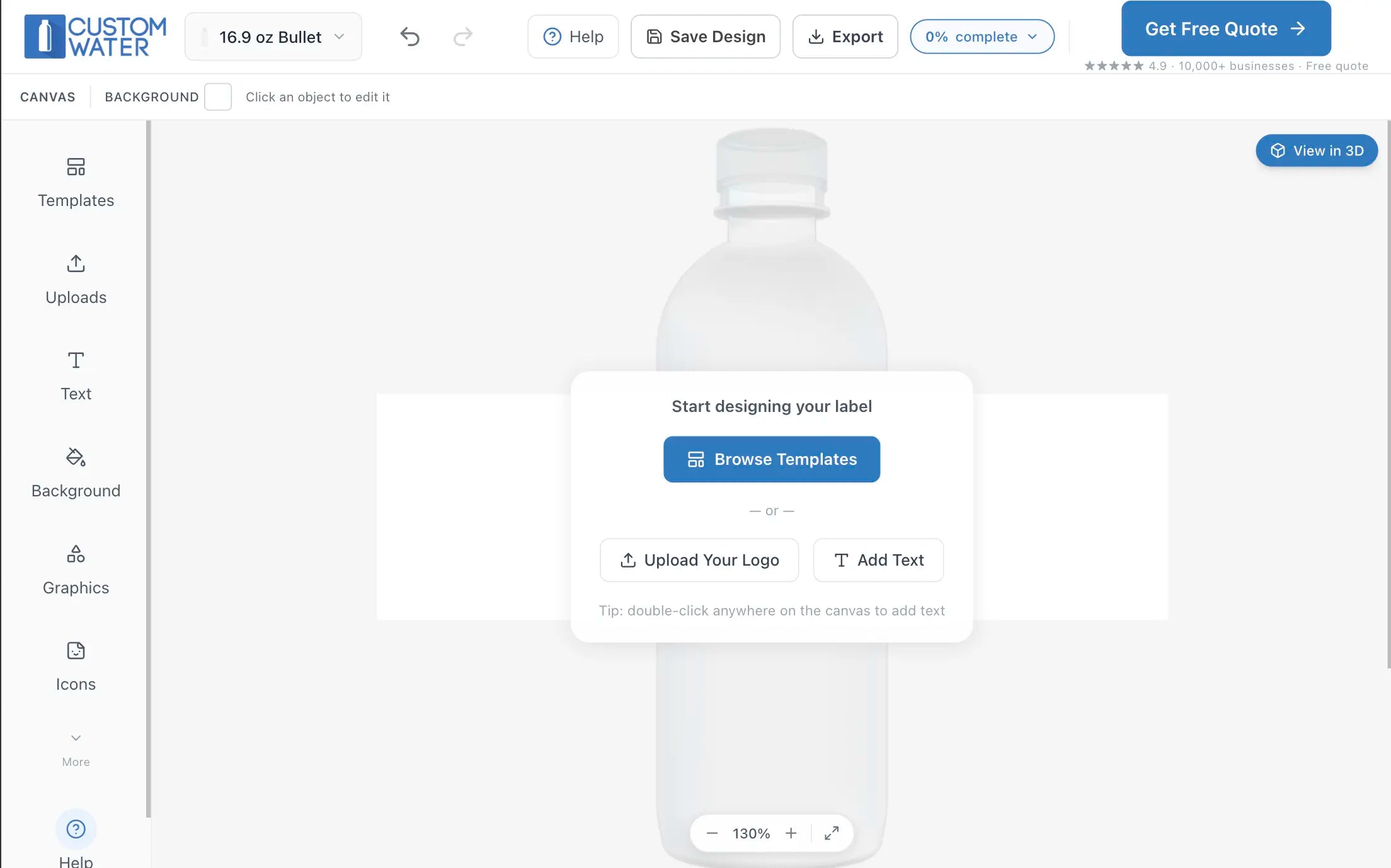 Free online custom water bottle label designer tool — upload your logo, browse templates, and preview your bottle instantly
